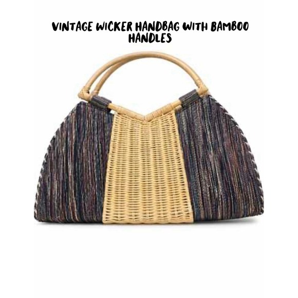 Handbags - Vintage Wicker Handbag features prominent bamboo handles